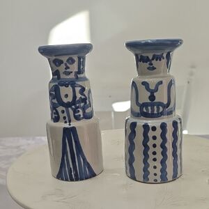 Vintage Signed M.A. Hadley Pottery Set Of 2 Bride Groom Blue Candlestick Holders